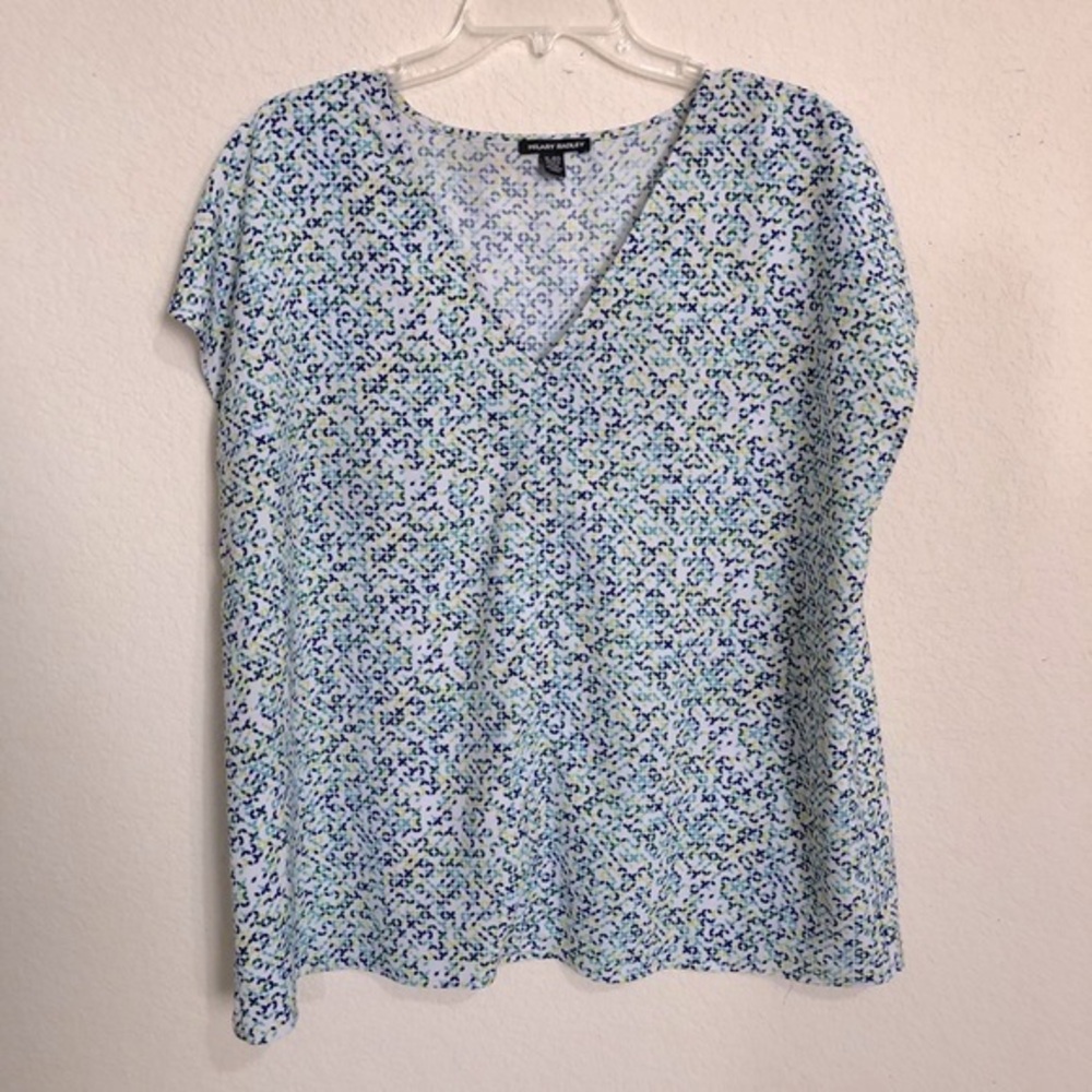 Hilary Radley Green Blue Printed V Neck Summer Cap Sleeve Blouse XL